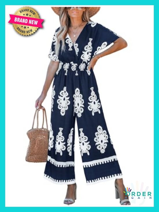 Pants - Boho Paisley Smocked Wide Leg Jumpsuit with Pockets